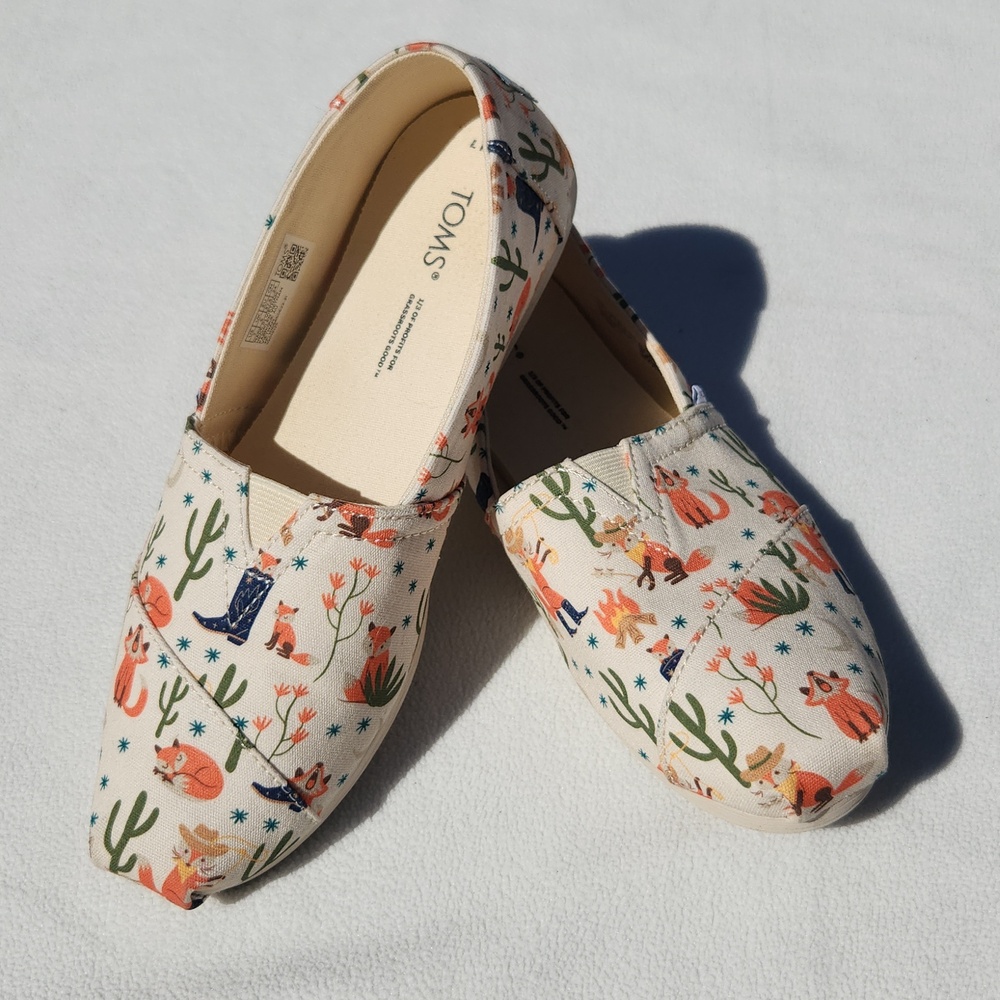 TOMS Alpargata Classic Slip-Ons | Western Fox & Cactus Print | Size 7